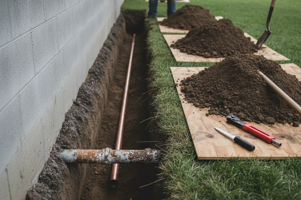 Excavated water line trench during Water Heater Repair in Newport Coast